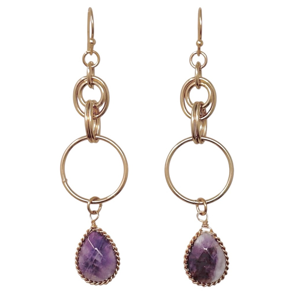 Genuine Amethyst Stone Gold Tone Dangle Earrings